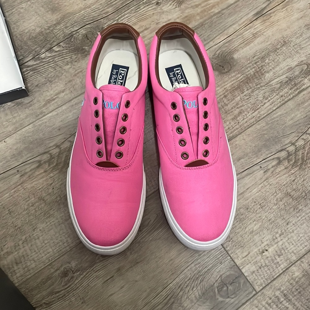 Pink Polo by Ralph Lauren slip on tennis shoes. Used in good condition.